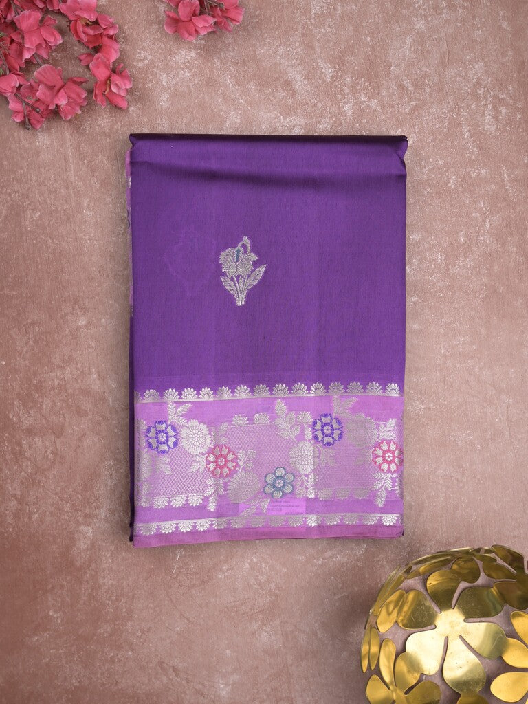 Raw mango fancy saree violet color allover zari weaves & zari border with brocade pallu and brocade blouse