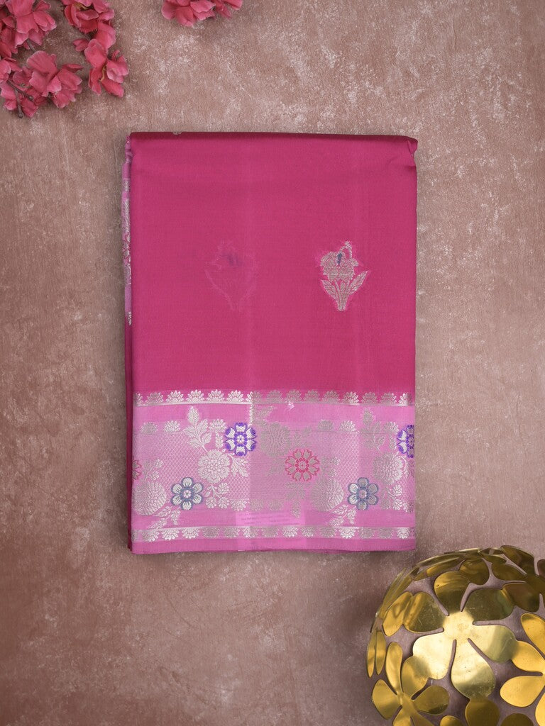 Raw mango fancy saree dark pink color allover zari weaves & zari border with brocade pallu and brocade blouse