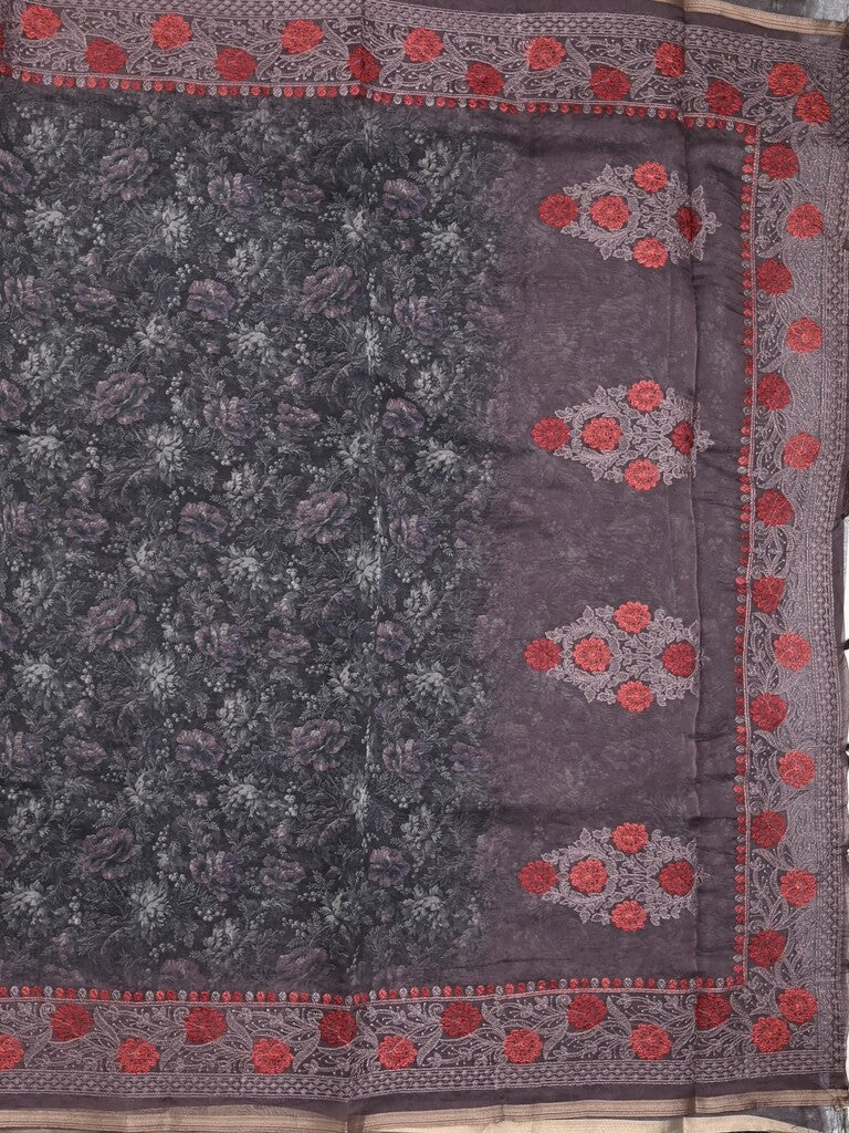 Organza fancy saree black color allover prints & embroidery border with running pallu and printed blouse