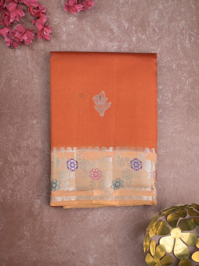 Raw mango fancy saree orange color allover zari weaves & zari border with brocade pallu and brocade blouse