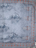 Organza fancy saree bluish grey color allover prints & embroidery border with running pallu and printed blouse