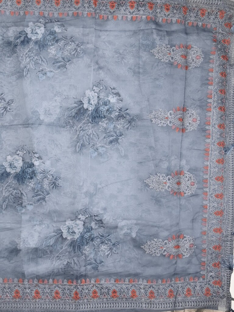 Organza fancy saree bluish grey color allover prints & embroidery border with running pallu and printed blouse