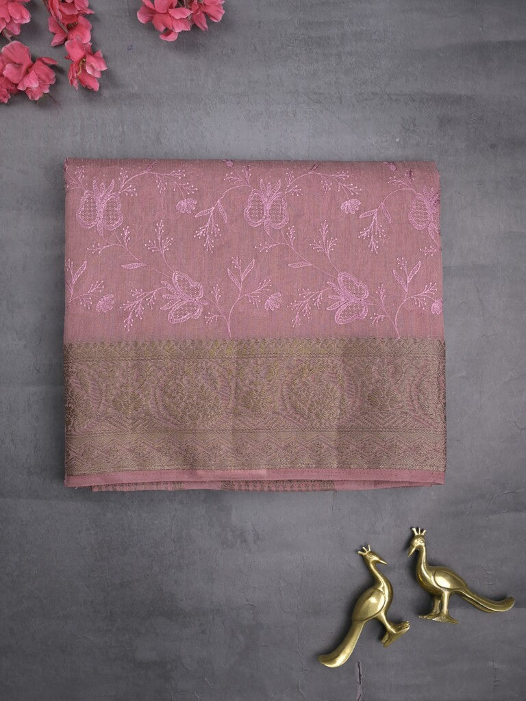 Chanderi kora fancy saree onion pink color allover embroidery & zari border with short pallu and plain blouse