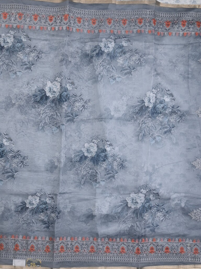 Organza fancy saree bluish grey color allover prints & embroidery border with running pallu and printed blouse