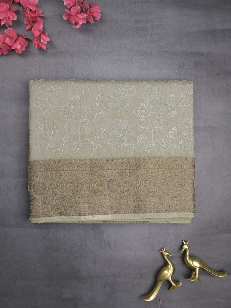 Chanderi kora fancy saree light grey color allover embroidery & zari border with short pallu and plain blouse