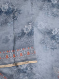 Organza fancy saree bluish grey color allover prints & embroidery border with running pallu and printed blouse