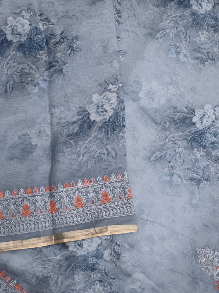 Organza fancy saree bluish grey color allover prints & embroidery border with running pallu and printed blouse