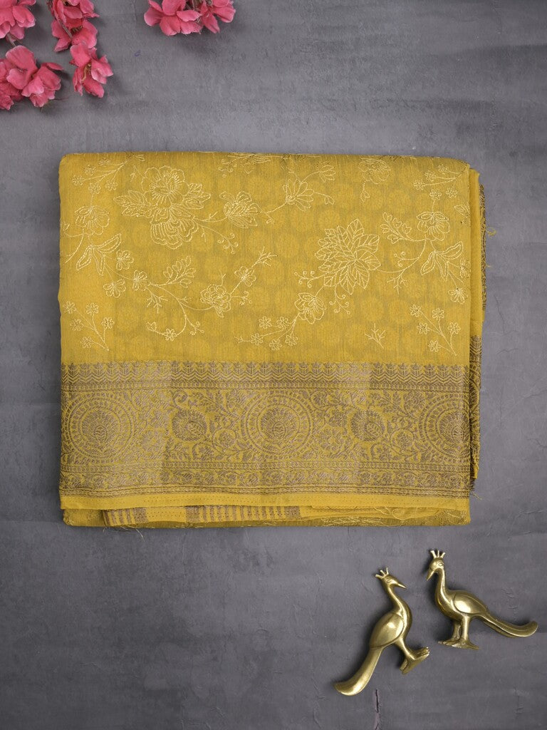 Chanderi kora fancy saree golden yellow color allover embroidery & zari border with short pallu and plain blouse