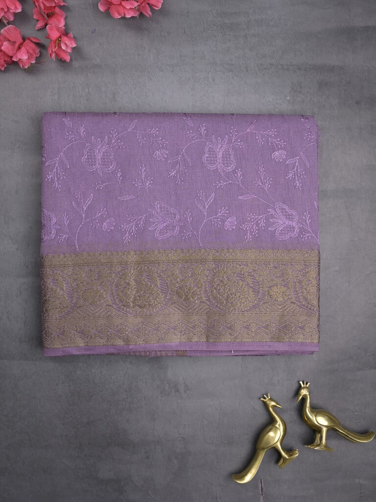 Chanderi kora fancy saree purple color allover embroidery & zari border with short pallu and plain blouse