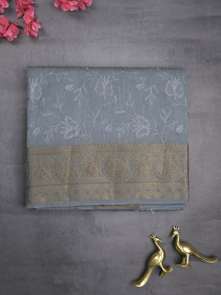 Chanderi kora fancy saree bluish grey color allover embroidery & zari border with short pallu and plain blouse