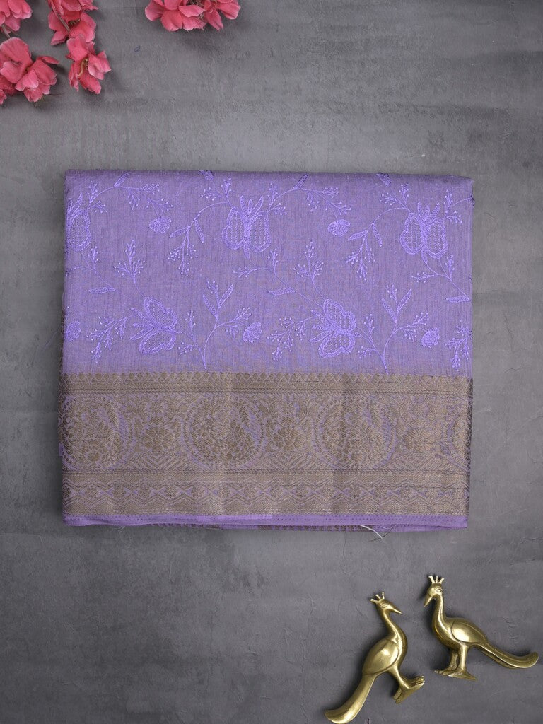 Chanderi kora fancy saree lavender color allover embroidery & zari border with short pallu and plain blouse