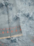 Organza fancy saree light grey color allover prints & embroidery border with running pallu and printed blouse