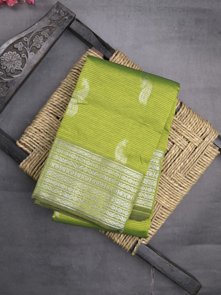 Mangalagiri fancy saree parrot green color allover zari motifs & zari border with rich pallu and plain blouse