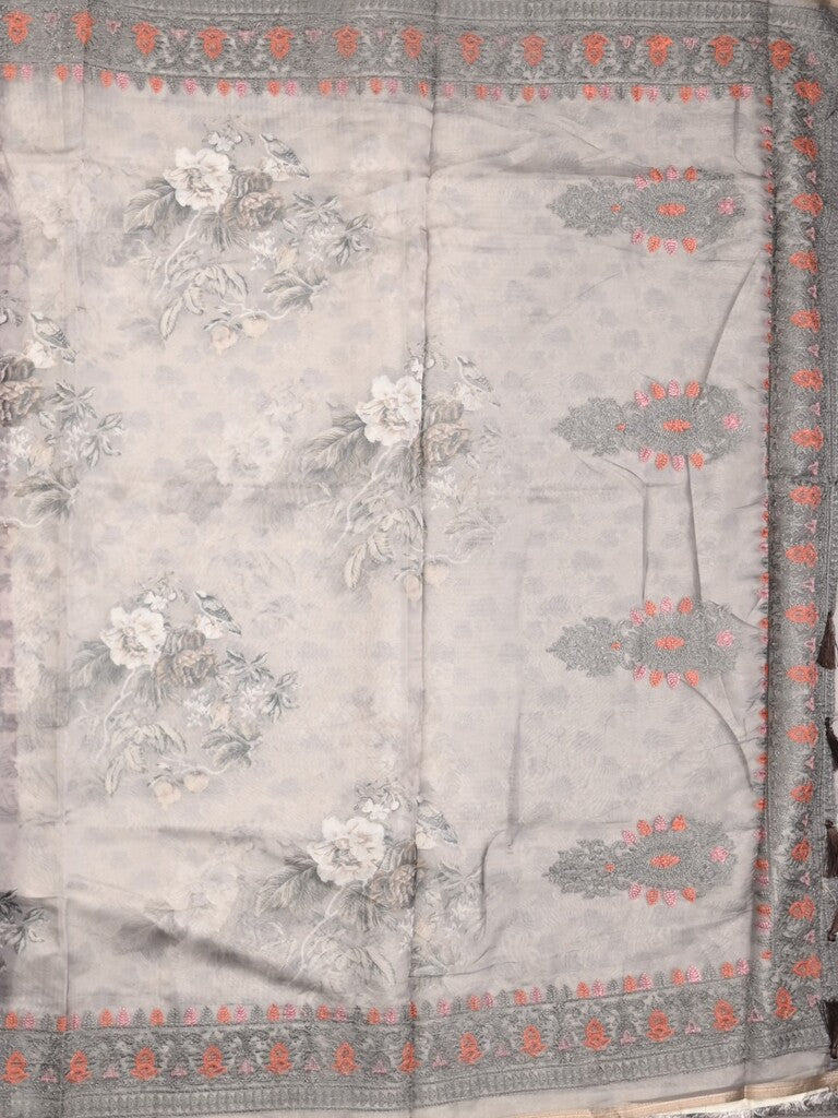 Organza fancy saree grey color allover prints & embroidery border with running pallu and printed blouse