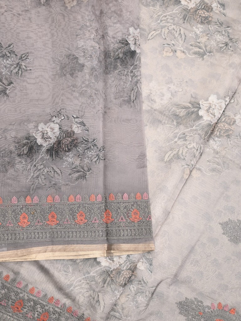 Organza fancy saree grey color allover prints & embroidery border with running pallu and printed blouse