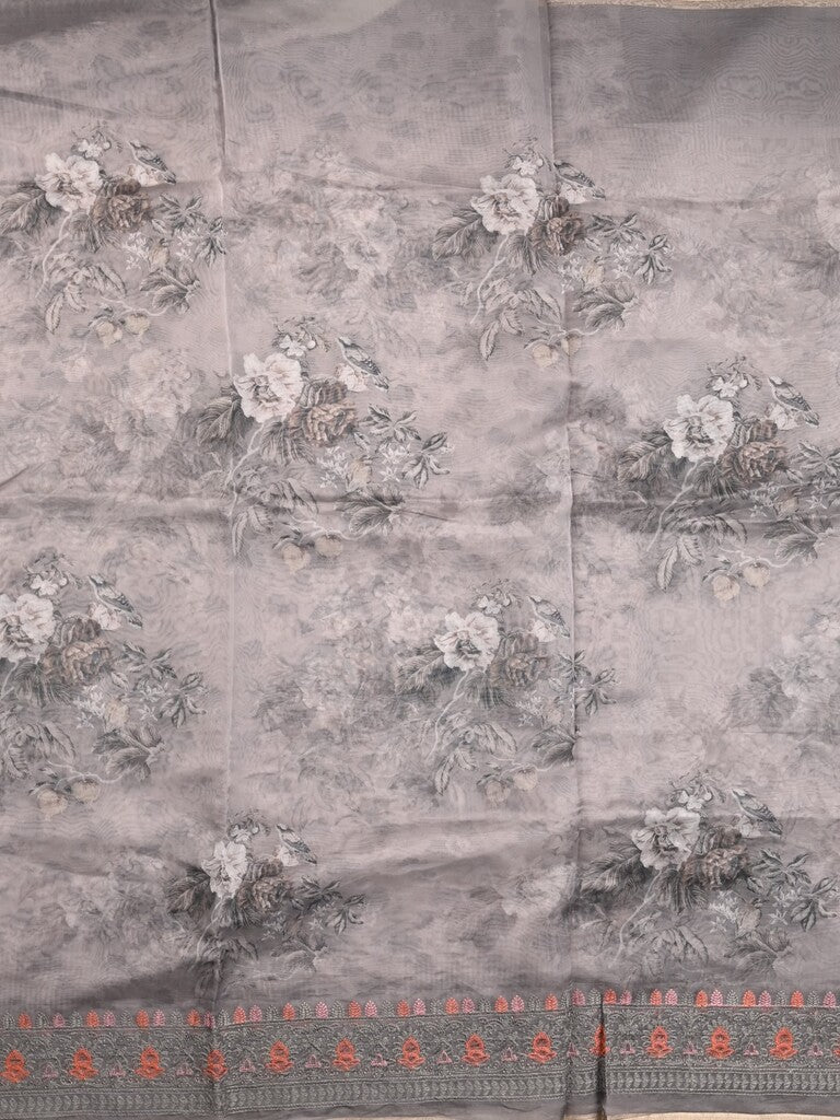 Organza fancy saree grey color allover prints & embroidery border with running pallu and printed blouse
