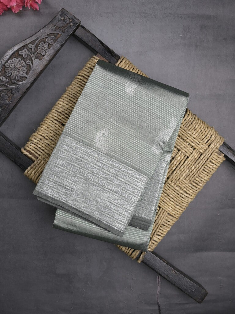 Mangalagiri fancy saree light grey color allover zari motifs & zari border with rich pallu and plain blouse