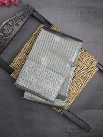 Mangalagiri fancy saree light grey color allover zari motifs & zari border with rich pallu and plain blouse