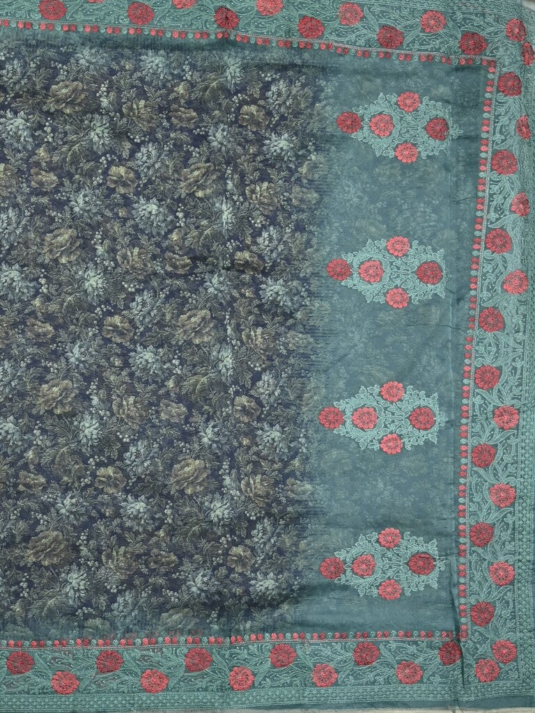 Organza fancy saree dark blue color allover prints & embroidery border with running pallu and printed blouse