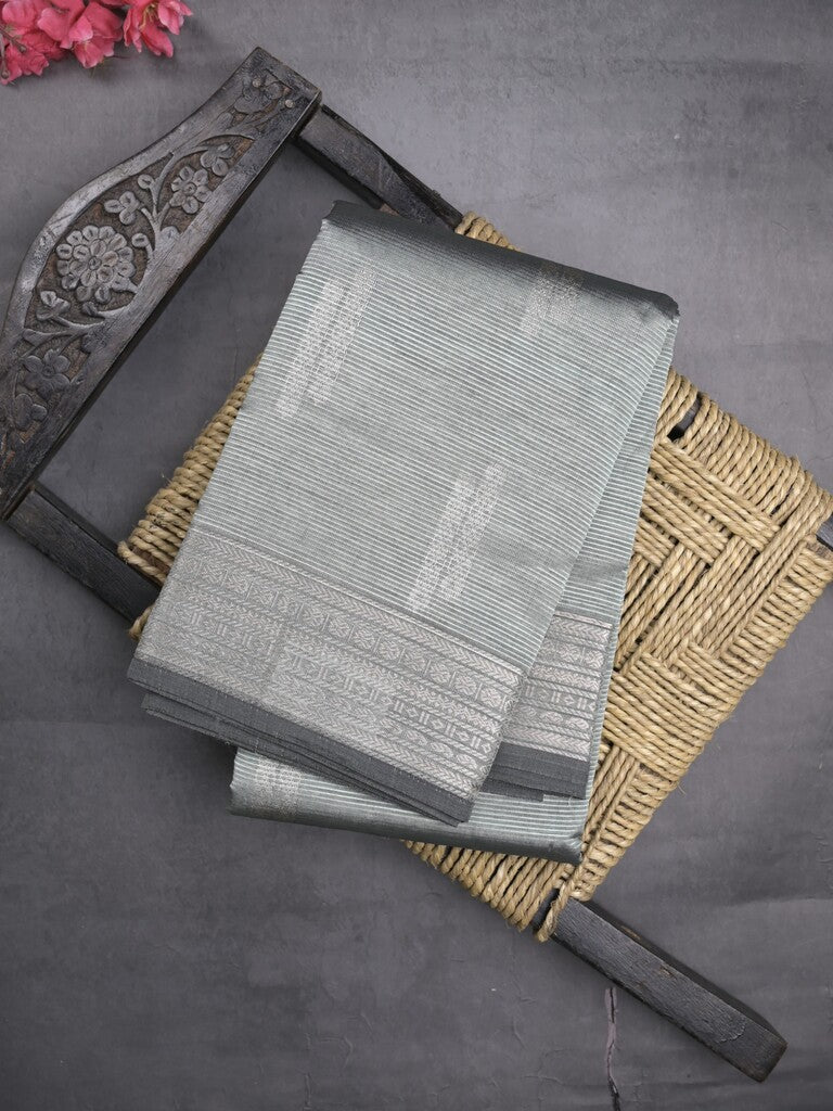 Mangalagiri fancy saree light grey color allover zari motifs & zari border with rich pallu and plain blouse