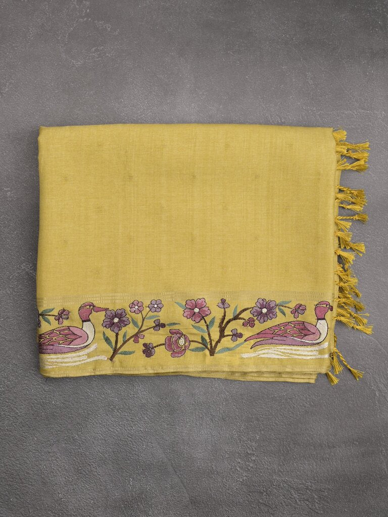 Tussar fancy saree with embroidery border and attached plain blouse