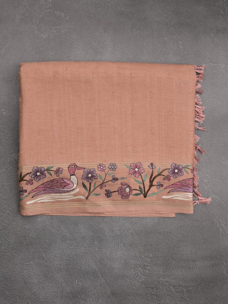 Tussar fancy saree with embroidery border and attached plain blouse