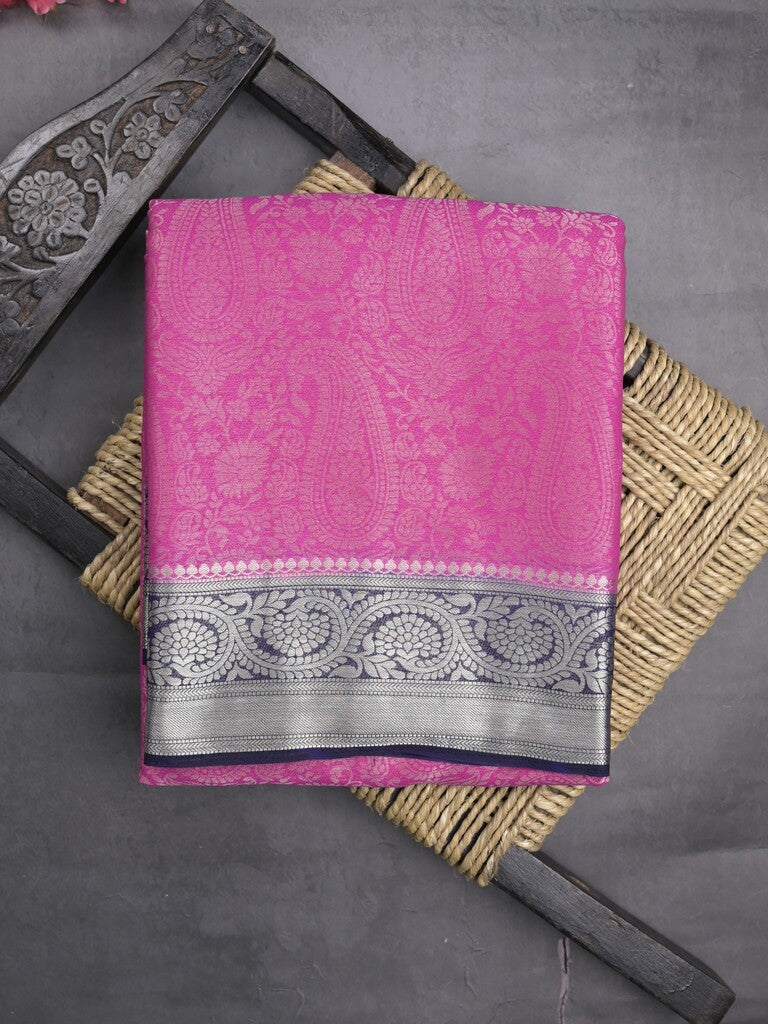 Georgette fancy saree purple color allover weaves & zari border with rich pallu and plain blouse