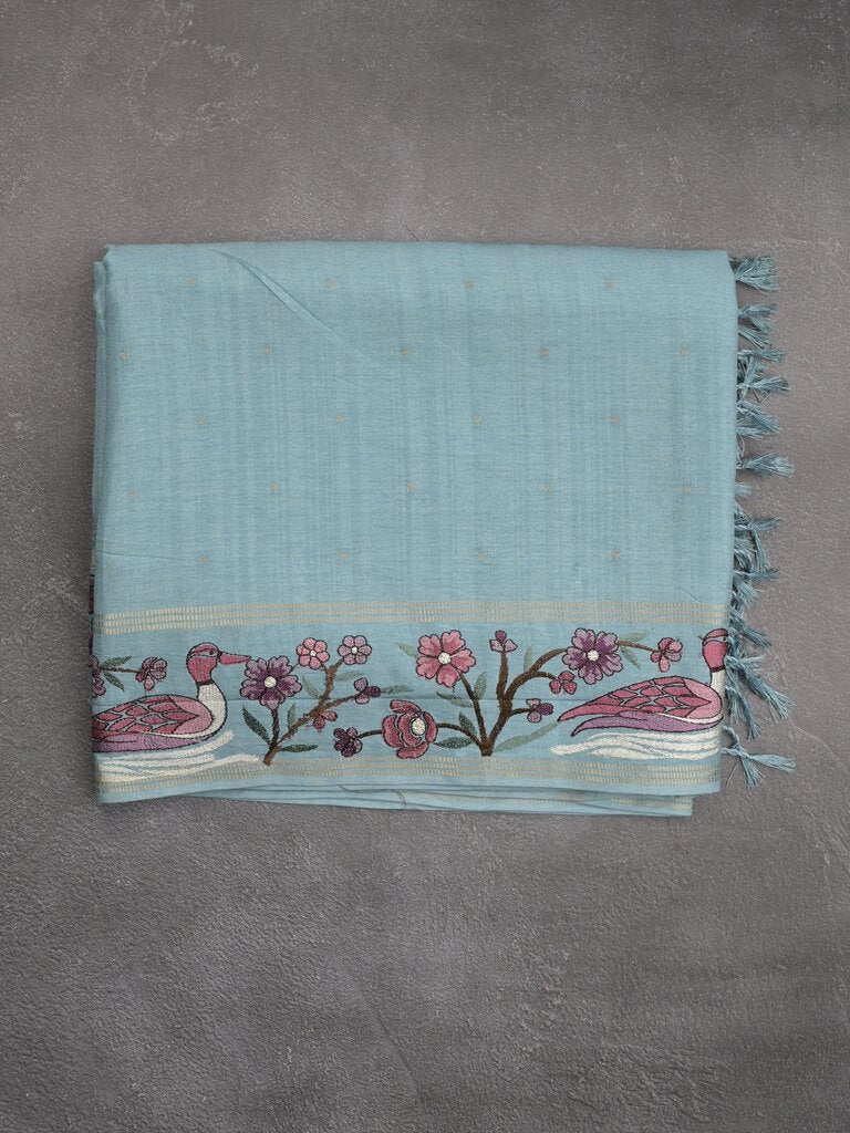 Tussar fancy saree with embroidery border and attached plain blouse