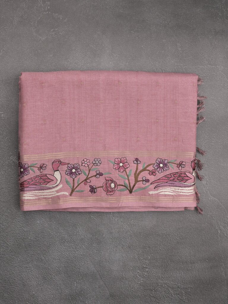Tussar fancy saree with embroidery border and attached plain blouse