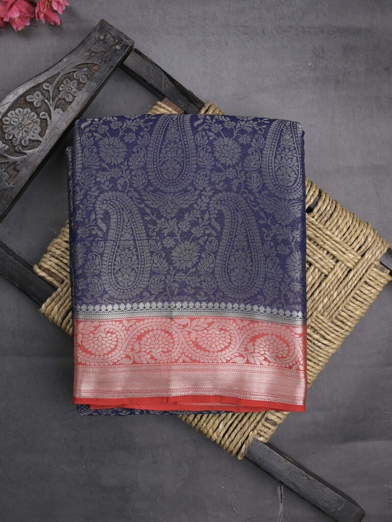 Georgette fancy saree navy blue color allover weaves & zari border with rich pallu and plain blouse