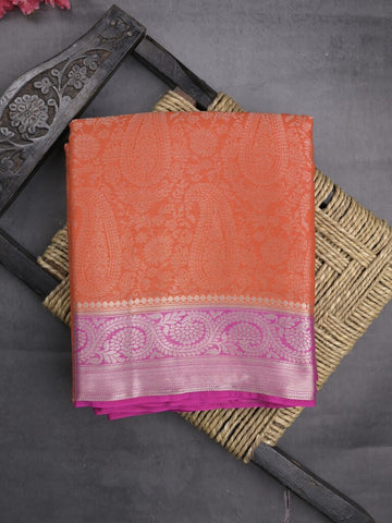 Georgette fancy saree orange color allover weaves & zari border with rich pallu and plain blouse