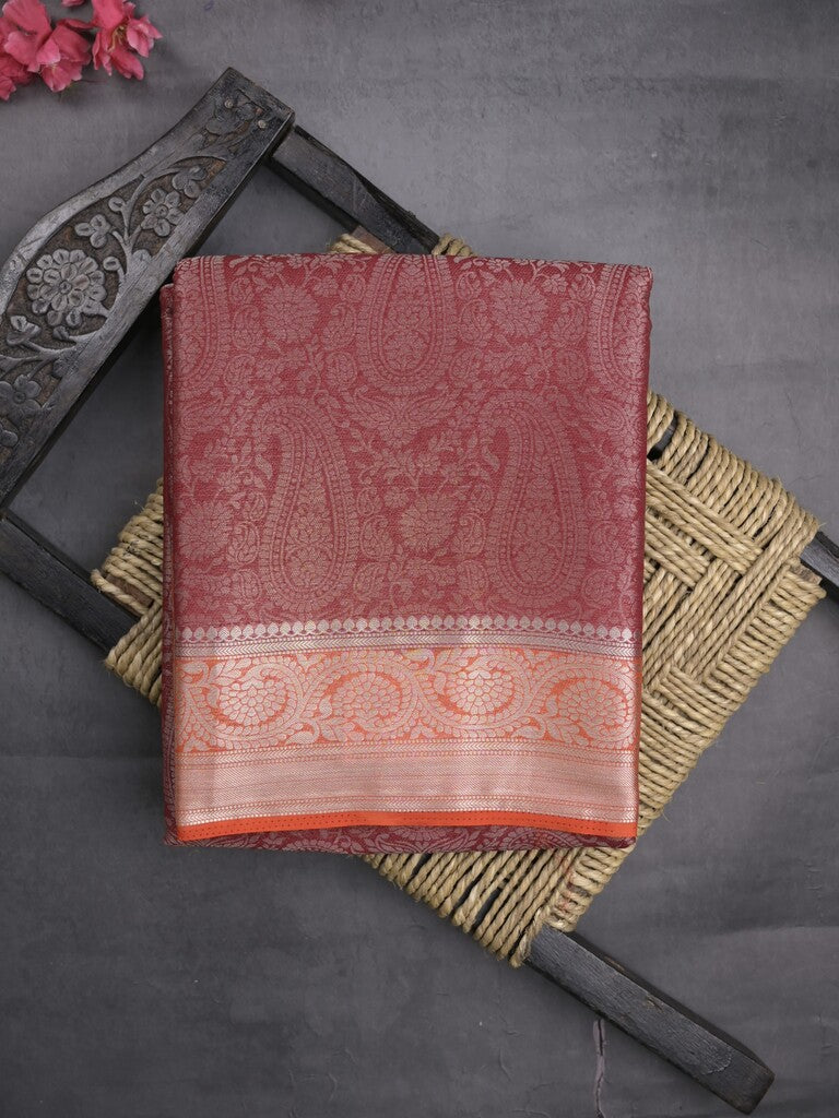 Georgette fancy saree brown color allover weaves & zari border with rich pallu and plain blouse