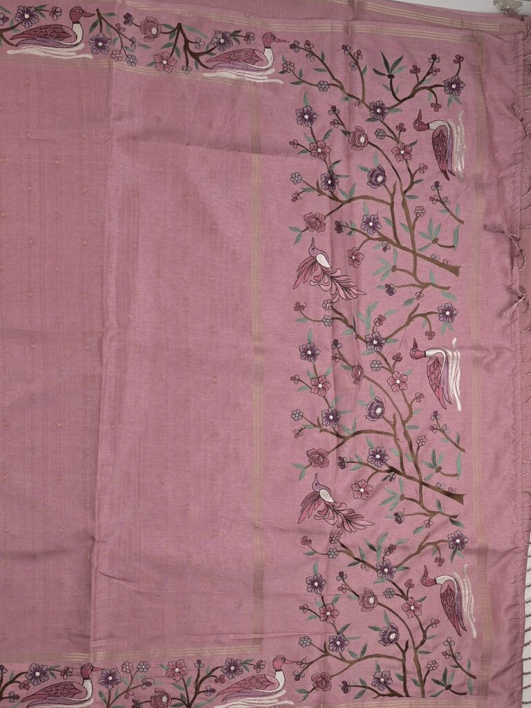 Tussar fancy saree with embroidery border and attached plain blouse