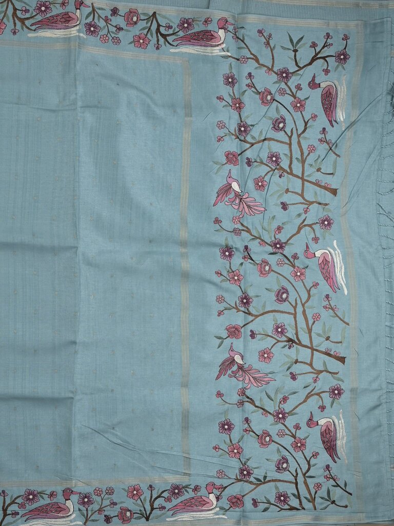 Tussar fancy saree with embroidery border and attached plain blouse