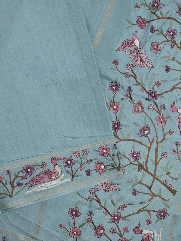 Tussar fancy saree with embroidery border and attached plain blouse