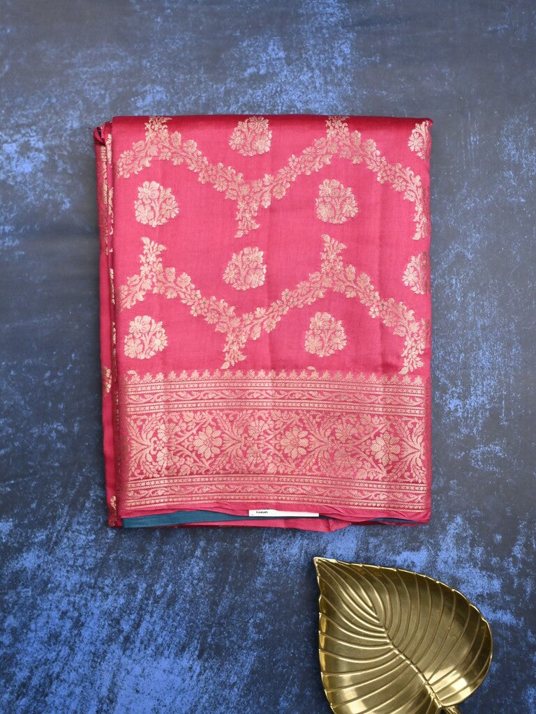 Raw mango pattu saree pink color allover zari weaves & zari border with zari pallu and plain blouse