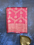 Raw mango pattu saree pink color allover zari weaves & zari border with zari pallu and plain blouse