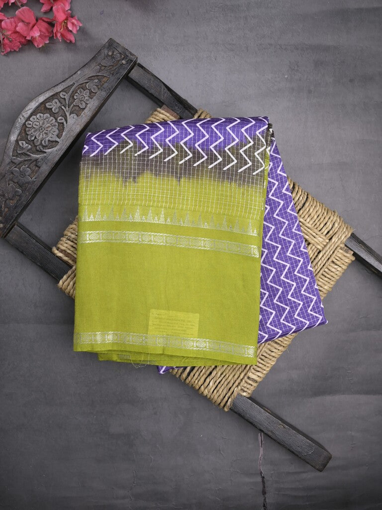 Mangalagiri fancy saree blue color allover stripes & zari border with striped pallu and printed blouse
