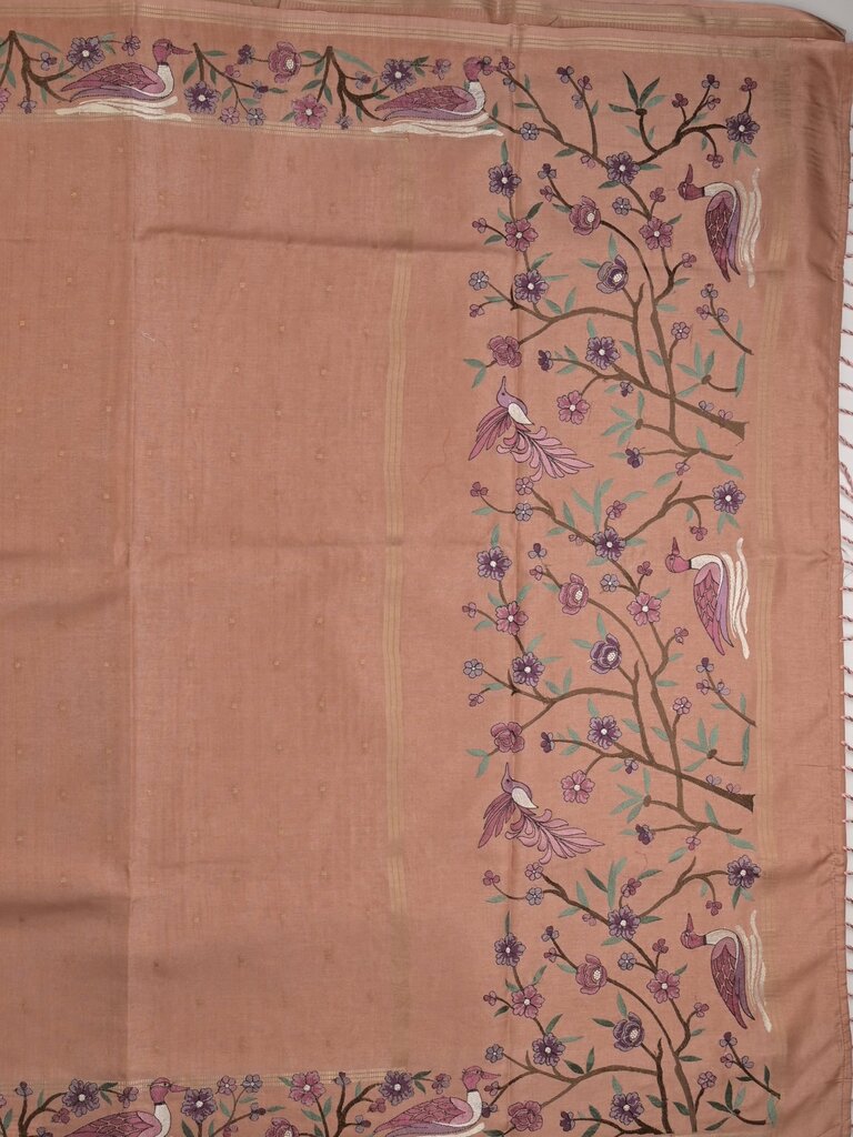 Tussar fancy saree with embroidery border and attached plain blouse