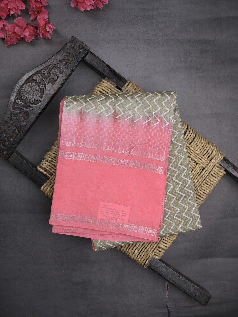 Mangalagiri fancy saree grey color allover stripes & zari border with striped pallu and printed blouse