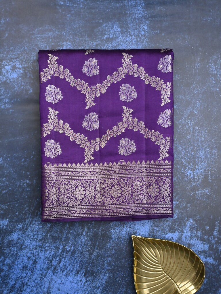 Raw mango pattu saree violet color allover zari weaves & zari border with zari pallu and plain blouse