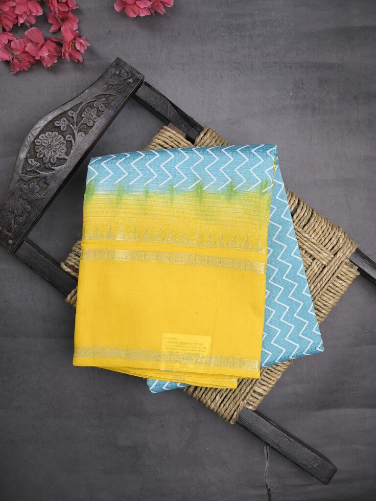 Mangalagiri fancy saree sky blue color allover stripes & zari border with striped pallu and printed blouse