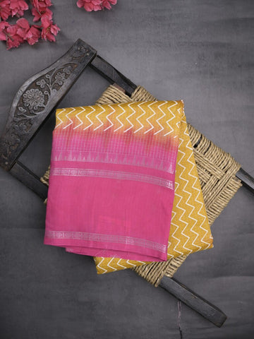 Mangalagiri fancy saree light yellow color allover stripes & zari border with striped pallu and printed blouse