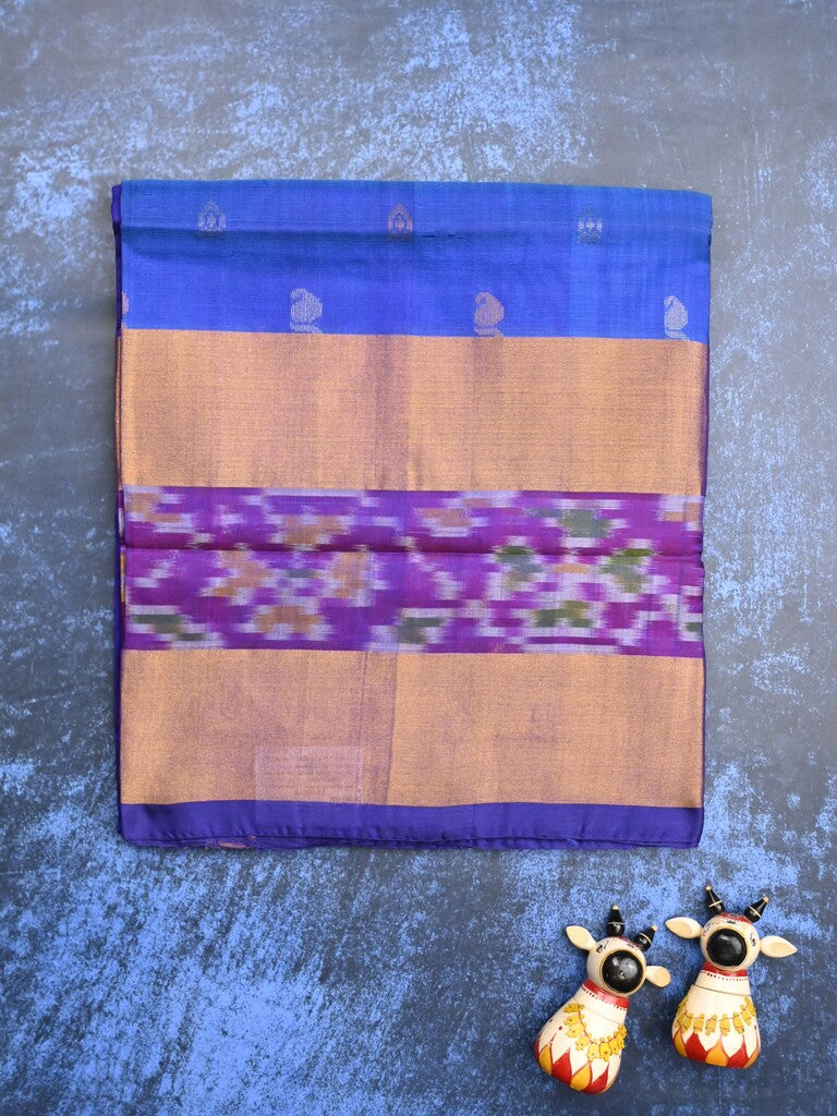 Uppada pattu saree blue color allover zari motifs & ikkat border with contrast pallu and contrast blouse