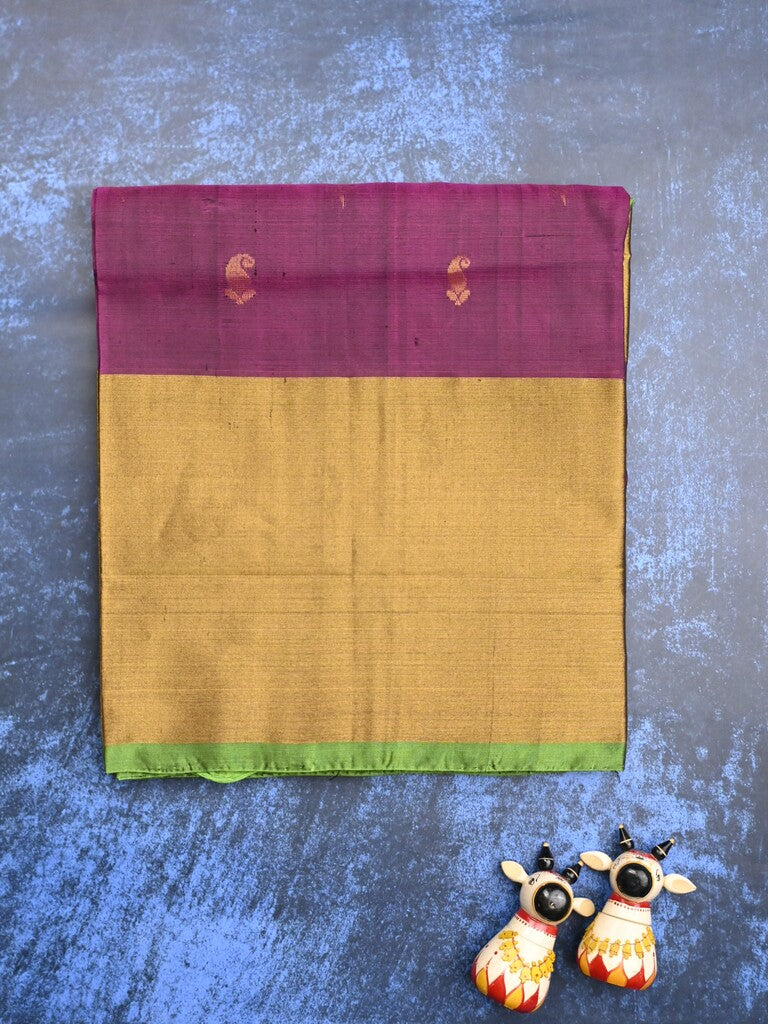 Uppada pattu saree wine color allover zari motifs & long kaddi border with contrast pallu and contrast blouse