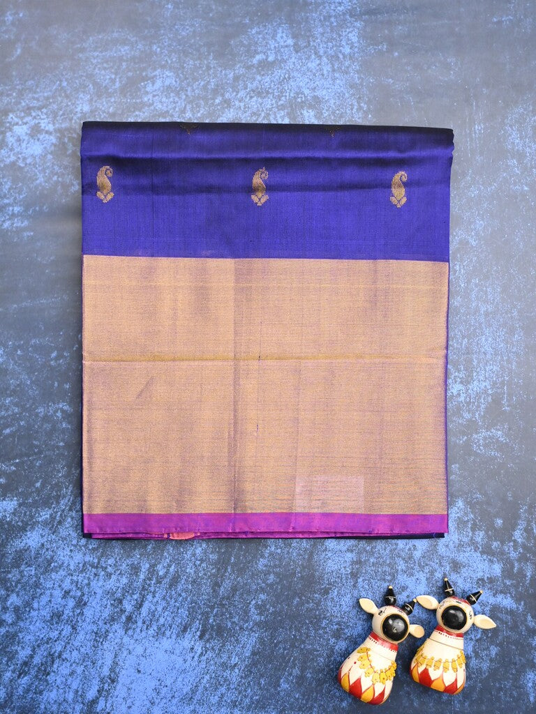 Uppada pattu saree royal blue color allover zari motifs & long kaddi border with contrast pallu and contrast blouse