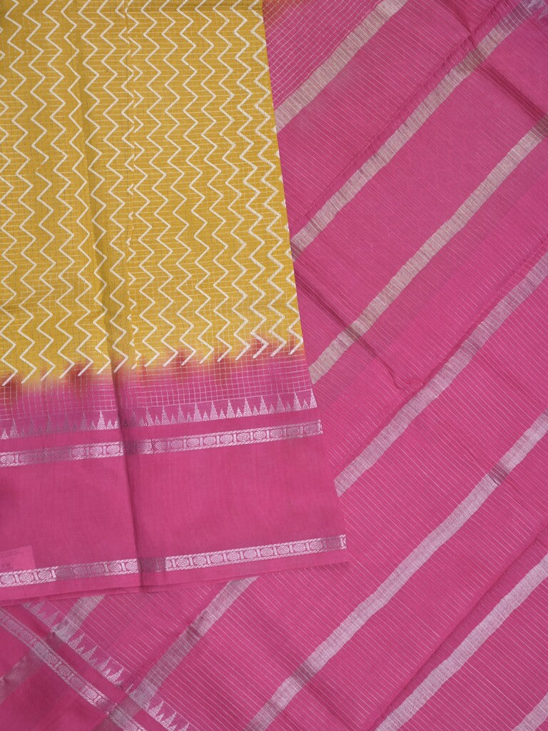 Mangalagiri fancy saree light yellow color allover stripes & zari border with striped pallu and printed blouse