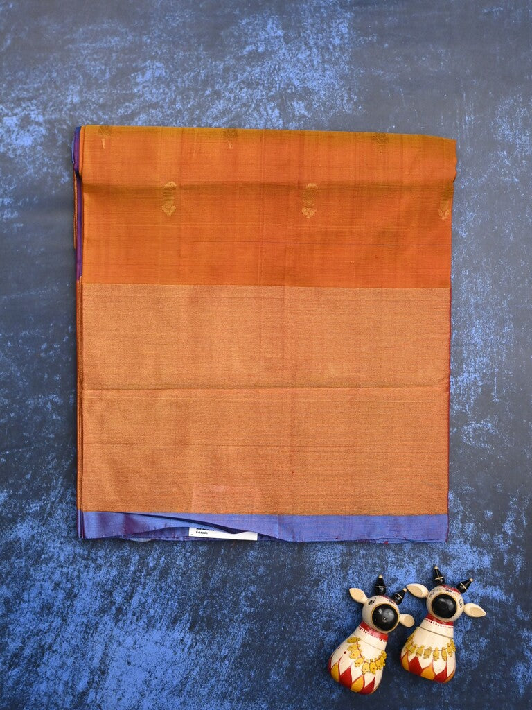 Uppada pattu saree orange color allover zari motifs & long kaddi border with contrast pallu and contrast blouse
