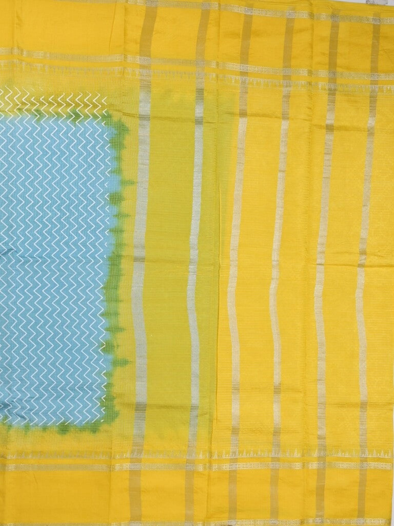 Mangalagiri fancy saree sky blue color allover stripes & zari border with striped pallu and printed blouse