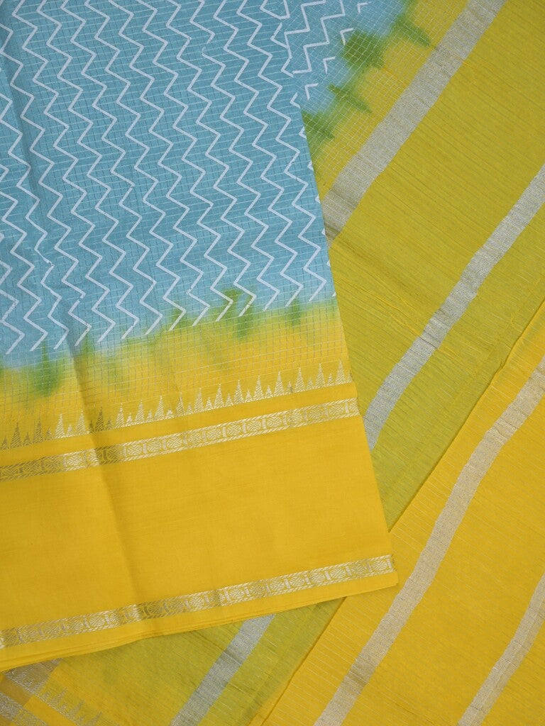 Mangalagiri fancy saree sky blue color allover stripes & zari border with striped pallu and printed blouse